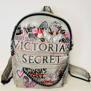 Victoria's Secret Backpack Womens Gray Silver Graffiti Angel Wings Hearts